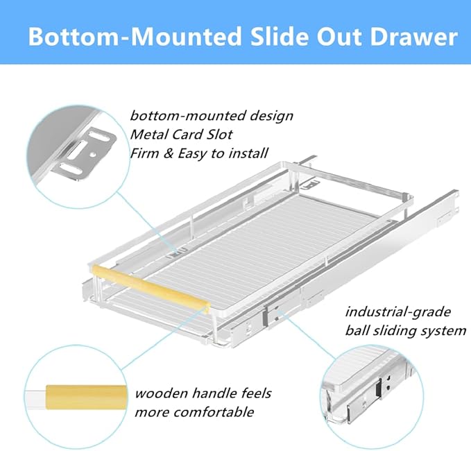 Pull Out Cabinet Organizer 2Pack, Heavy Duty Slide Out Pantry Shelves, Sliding Drawer Pantry Shelf for Kitchen, Living Room, Home, 14.16''-24.16''W x 17.3''D