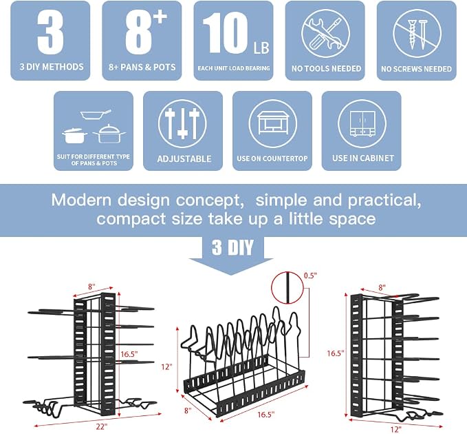Felibeaco Adjustable Pots and Pans Organizer Rack for Cabinet, Metal Pans Pots Lids Storage Holder Rack with 3 DIY Methods for Kitchen, Counter,Black