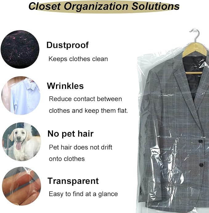 10Pcs Transparent Plastic Garment Covers 35.4inch Hanging Clothes Dust-Proof Protector Bags Suitable for Home Storage Clothing Stores & Dry Cleaning Laundrette.