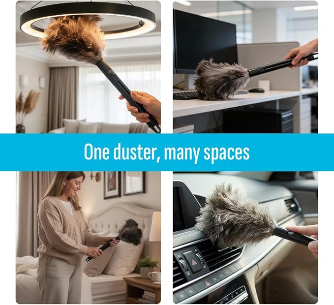 Retractable Feather Duster 8-14 in Adjustable - Natural Feather Dusters for Cleaning Ceiling Fans, Blinds, Plantation Shutters, Walls & Furniture - Quality Checked in USA - 2 Pack