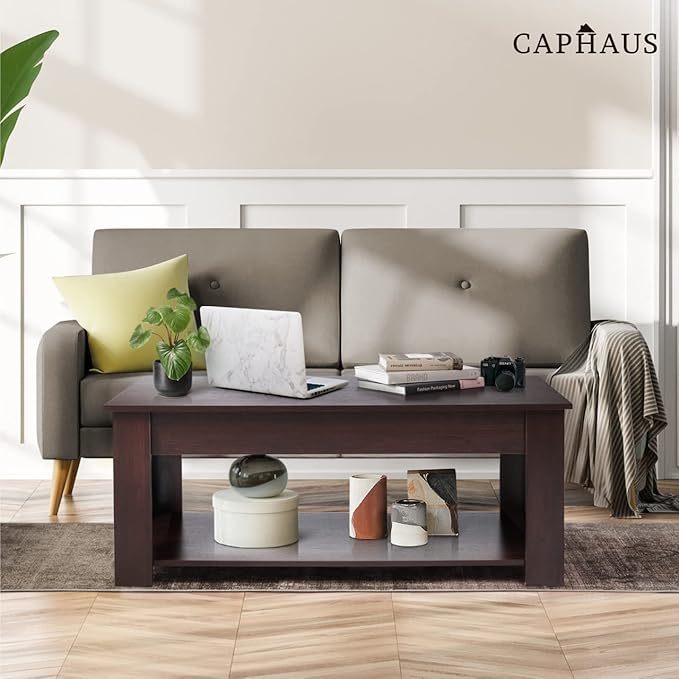 CAPHAUS Lift Top Coffee Table w/Storage, Storage Coffee Table w/Lift Top for Living Room, Rising Tabletop Coffee Table w/Hidden Compartment, Coffee Table w/Bottom Open Shelf, 41" Natural Oak