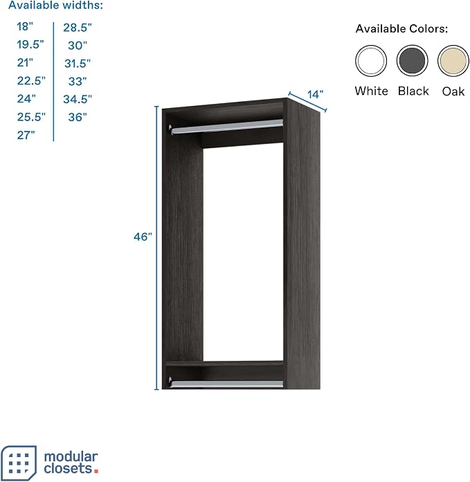 Double Hanging Closet Unit - Modular Corner Closet System - Grey, 36 inches Wide - Includes Shelves