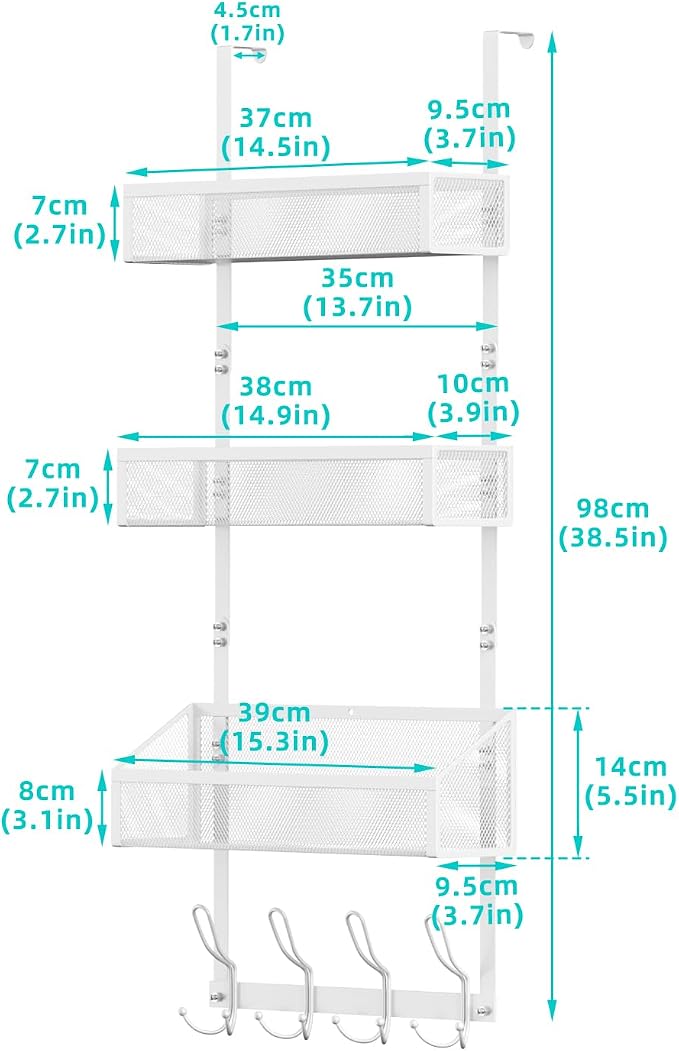Over Door Hook Organizer 12 Hook Over The Door Organizer with 3 Mesh Baskets - Back of Door Storage Towel Rack Space Saving Storage Organizer for Bedroom, Bathroom, Kitchen, Pantry, White