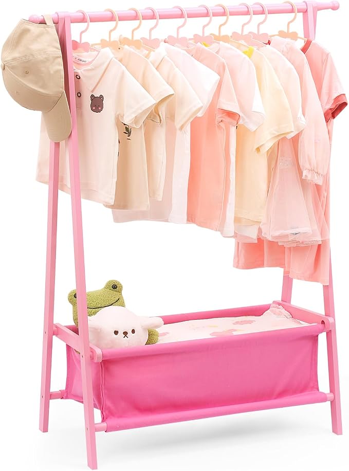 Kids Clothing Rack with Storage, Dress Up Rack, Child Clothes, Small Garment, for Costume, Bamboo (Pink)