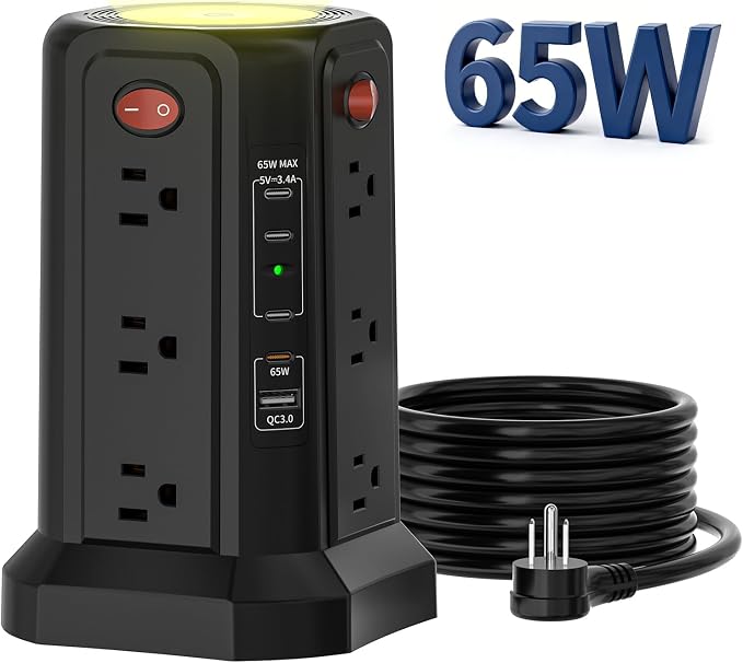 PASSUS Surge Protector Power Strip with PD 65W USB C Port, USB C Fast Desktop Charging Station with 12 Widely Spaced AC Outlets|4 USB C|1 USB A|Night Light, 10FT Extension Cord for Home Office Dorm