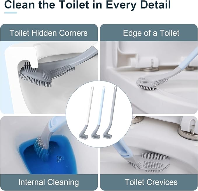 3 Pack Golf Toilet Brush, Flexible Long Handled Toilet Cleaning Brush, 360° No Dead Space Deep Toilet Cleaning Brush, Toilet Brush for Bathroom, with Hook (White + Blue + Grey)