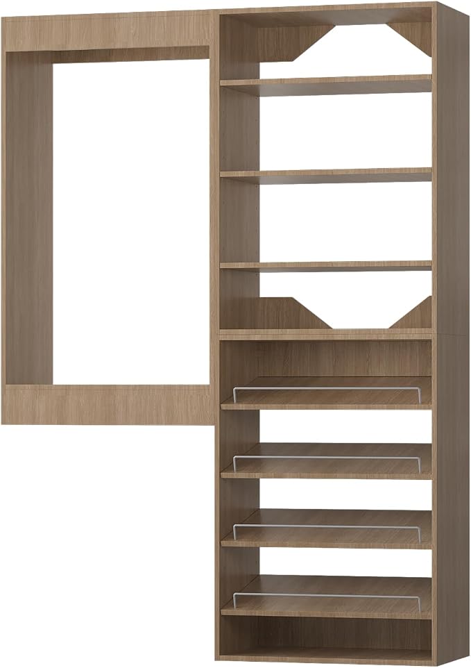 ROOMTEC Modular Closet System, 46" Wall Mounted Closet Organizer with Hanging Rods and Shoe Shelf, Wooden Tower for Walk-In Closets, Wardrobe Storage Kit, Wood