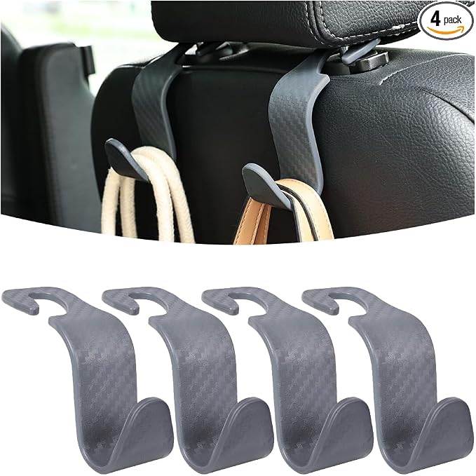 Osilly Car Seat Headrest Hook, 4 Pack Auto Seat Hanger Storage Organizer for Purse Handbag Coats Grocery Bags, Car Interior Accessories, Universal Vehicle Backseat Plastic Hanging Hook (Gray)