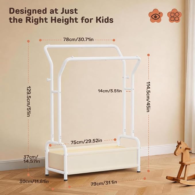 Kids Clothing Rack with Double Hanging Rods and Storage Basket | Child-Height Dress Up Storage for Toddler, Open Kids Closet for Baby Clothes, Costumes, Shoes and Toy, Bedroom Nursery