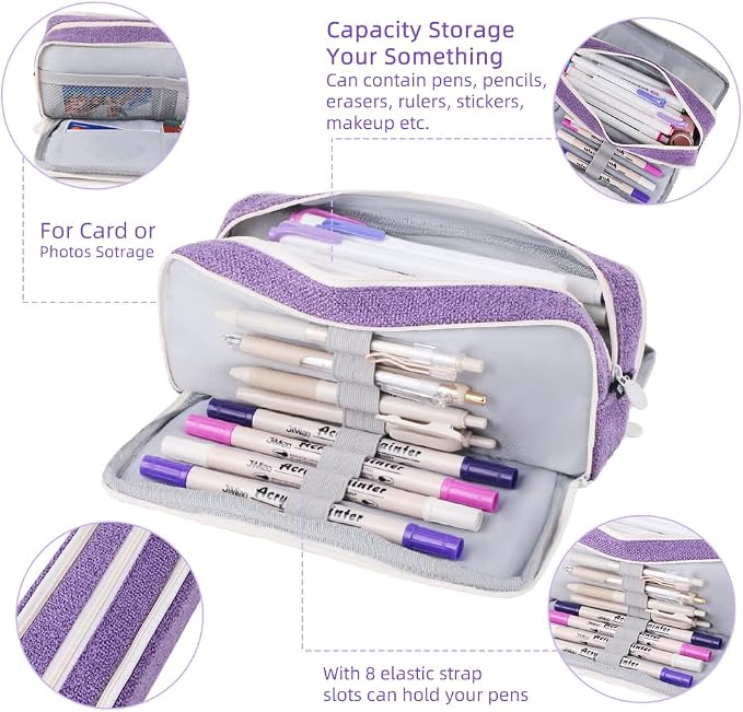 iSuperb Large Pencil Pouch 3 Compartments Pencil Case Big Capacity Pencil Bag for Kids Teen Girls Boys Student School Supplies Pen Organizer Holder Bag (Purple)