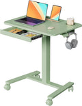 28" Mobile Standing Desk with Drawer, Portable Laptop Desk | Rolling Desk with Cup Holder and Hooks, Height Adjustable Computer Cart with Storage, Lockable & Hidden Wheels, Sage Green