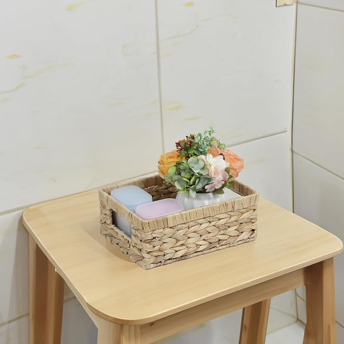Wicker Baskets, Baskets for Organizing, Rattan Woven Basket for Storage, Organizer Bins with Built-in Handles, Storage Basket for Shelves (Water Hyacinth, Small)