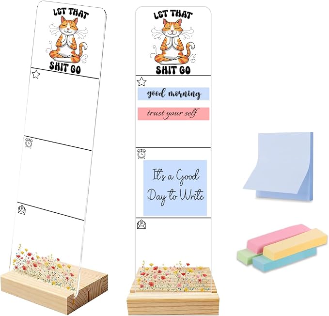 Monitor Memo Board, Sticky Note Holder, Funny Cat Quote “Let that Shit Go” | Acrylic Post It Note Holder With Wooden Base, Includes 200 Notes, Desk Organizer