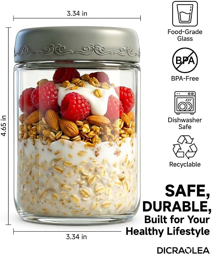 16oz 4Pack Glass Overnight Oats Jars Containers with Airtight Leakproof Lids, Reusable Mason Jars for Meal Prep, Yogurt Parfaits, Smoothies, Salads & Healthy Breakfasts (16 OZ-4-2)