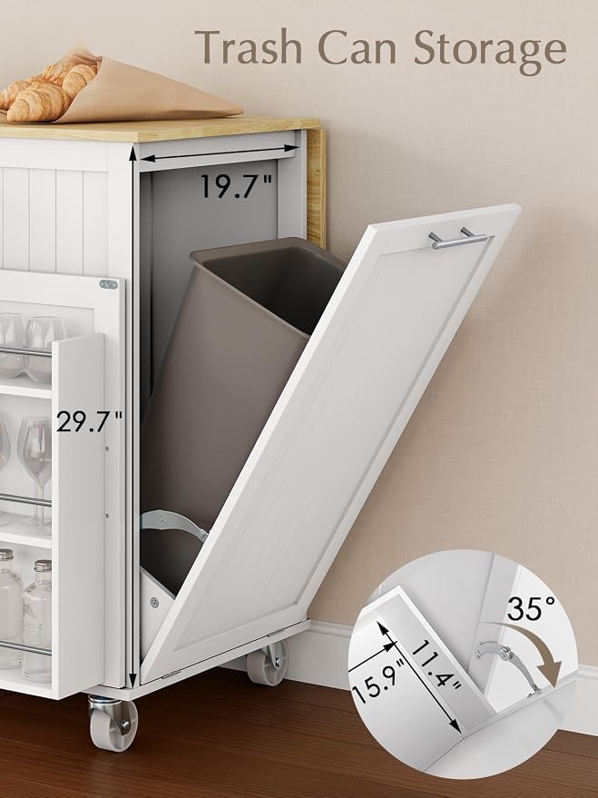 OtterOasis Kitchen Island with Storage, 43.3" Rolling Kitchen Island Cart on Wheels with Wide Drop Leaf Rubberwood Top, Large Mobile Island Table with Trash Can Storage and Towel Bar, White