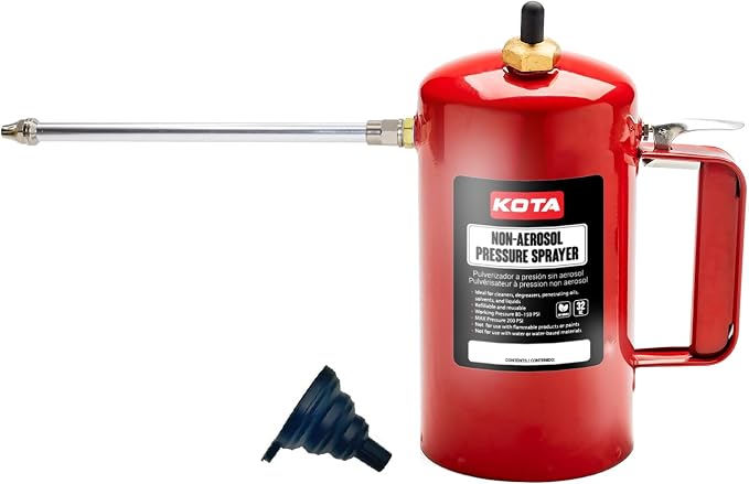 LAUCO Non Aerosol Pressure Sprayer - Refillable Pressurized Sprayer Bottle for Oil, Solvent, Degreasers, Lubricants - Rechargeable Steel Canister with Brass Nozzles, 32oz 69532