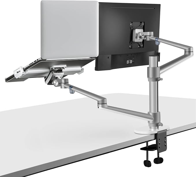 Viozon Monitor and Laptop Mount, 2-in-1 Adjustable Dual Arm Desk Mounts Single Desk Arm Stand/Holder for 17 to 32 Inch LCD Computer Screens, Extra Tray Fits 12 to 17 inch Laptops (Silver)