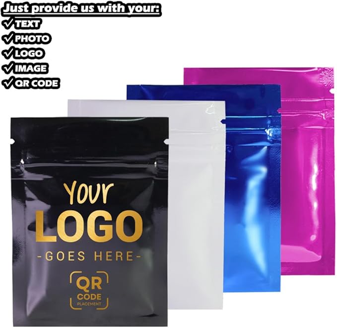 100PCS Customized Mylar Zipper Bags,Clear Front Resealable Packaging Pouches For Food Storage,Single Color Printing for Logo/Text/QR Code (Gold, 6.5 * 9CM/2.6"*3.5"-100PCS-One Color Print)