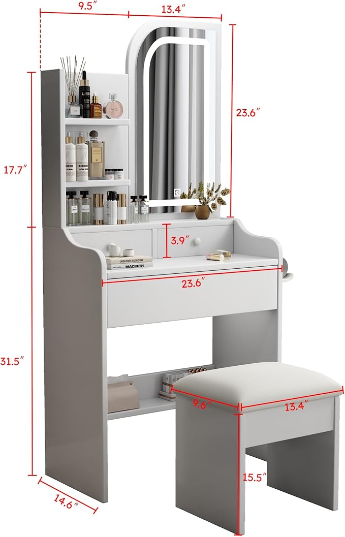 Makeup Vanity Desk with Lights,Small Vanity with Adjustable Brightness Mirror for Samll Spaces,Makeup Vanity with 3 Drawers,Storage Shelf,Bedroom Dressing Table
