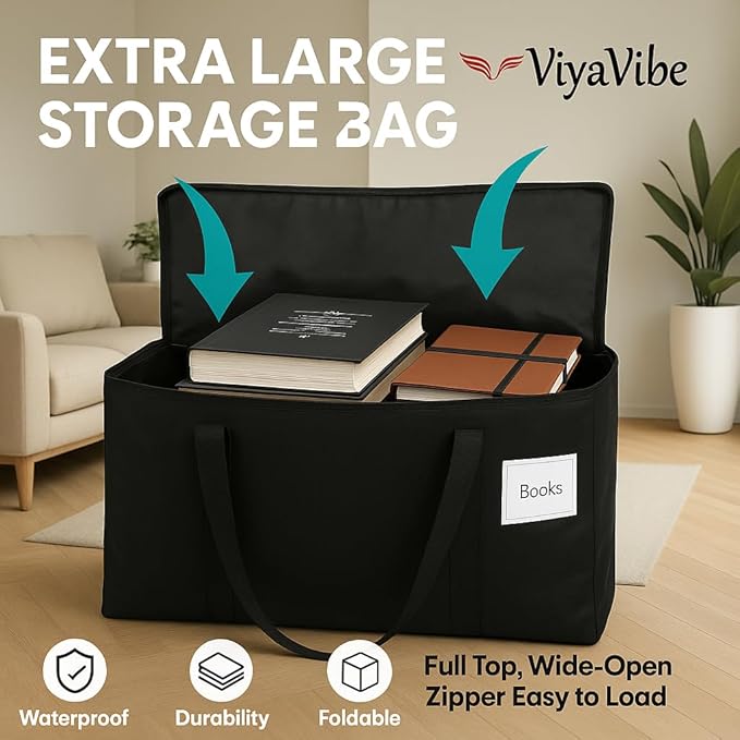 XL Moving Bag – 27"×14"×15.5" (25.4 Gal) Heavy-Duty Collapsible Storage Tote Zipper Lid & Tag Pocket — 4-Pack for Moving, College/Dorm, Laundry & Gym