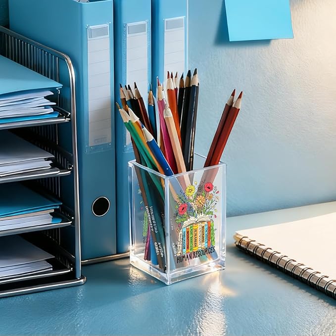 Human Resources Acrylic Cosmetic Pencil Holder Cup, Floral Books Pen Holder for Home Office Desk Accessories for HR Manager Director, Pen Organizer, Marker Holder, Funny HR Work Thank You Gifts