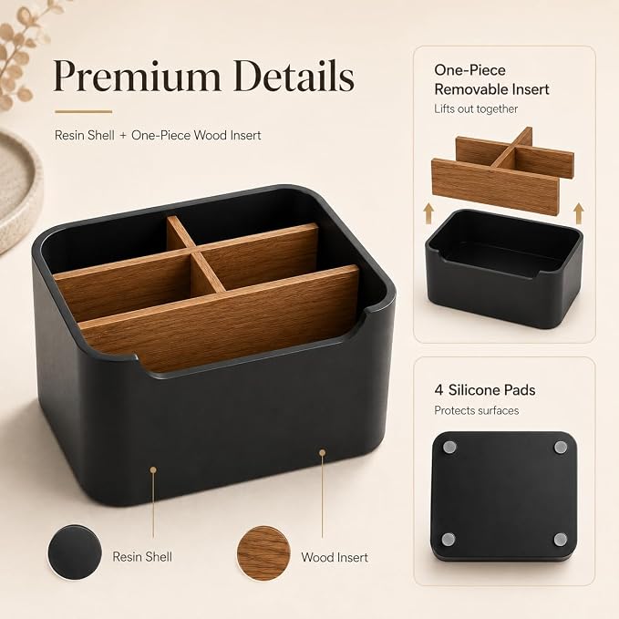 Remote Control Holder, Desk Organizer with Removable Dividers,Black | 5-compartment resin and wood organizer holds remotes, pens, glasses, and media devices for desk, coffee table, or nightstand