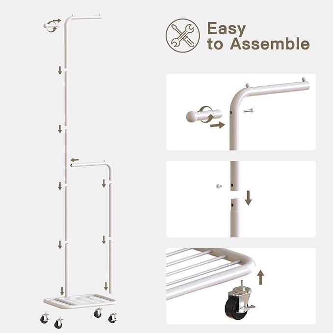 Small Rolling Clothing Rack with Shelf, Narrow Clothes Rack with Wheels | Gasvadivum 71" Tall Sturdy Metal Garment Rack with Hanging Rod, Freestanding Portable Coat Rack for Bedroom, Entryway, White