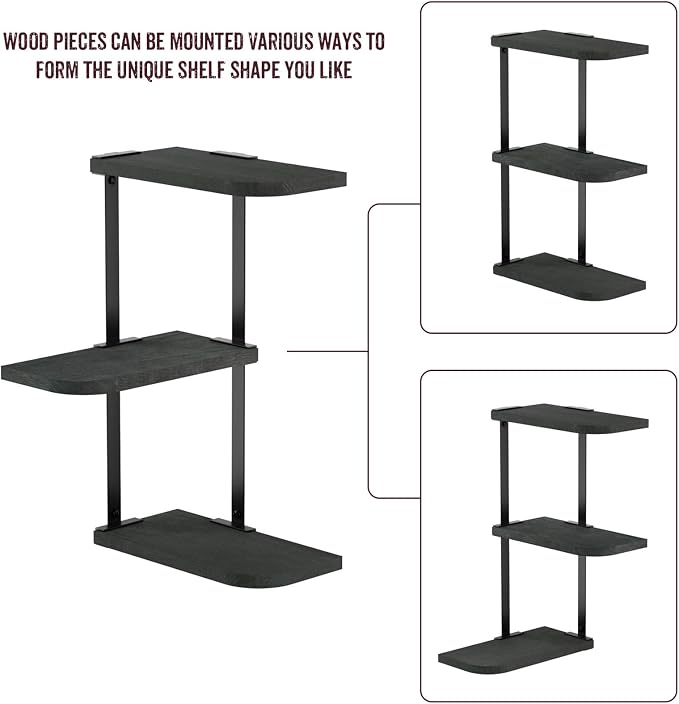 Love-KANKEI Corner Wall Shelf 3 Tier,Solid Wood with Bracket,17" Tall,Black | Floating Wall Shelves,Easy to Install,Capacity 26 Lbs,For Bedroom Living Room Bathroom Kitchen Office Display,Wall Decor