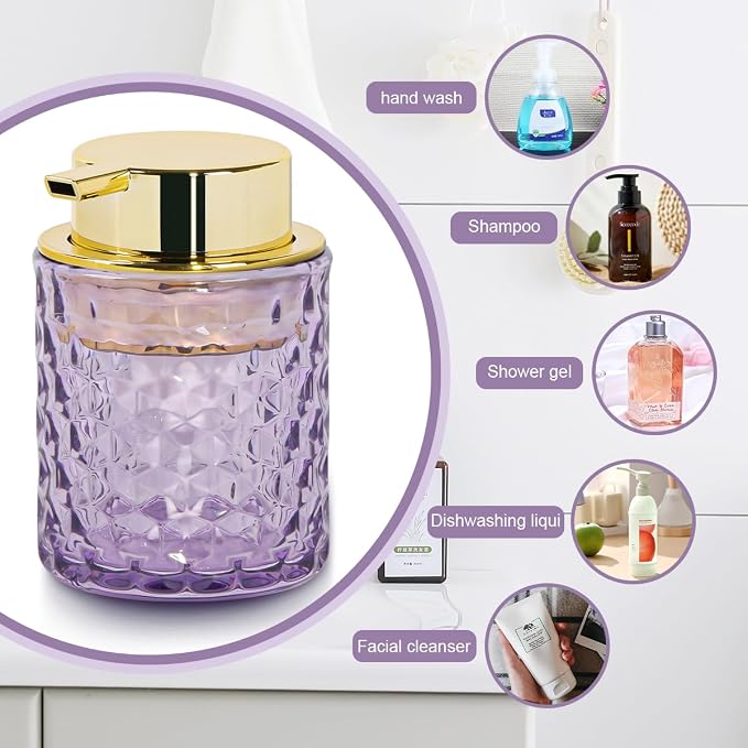 10 Oz Glass Hand Soap Dispenser with Pump, Refillable Bathroom Gold Foaming Soap Dispenser, Vintage Glass Diamond Lotion Container Bottle for Bathroom and Kitchen (1, Purple and Gold)