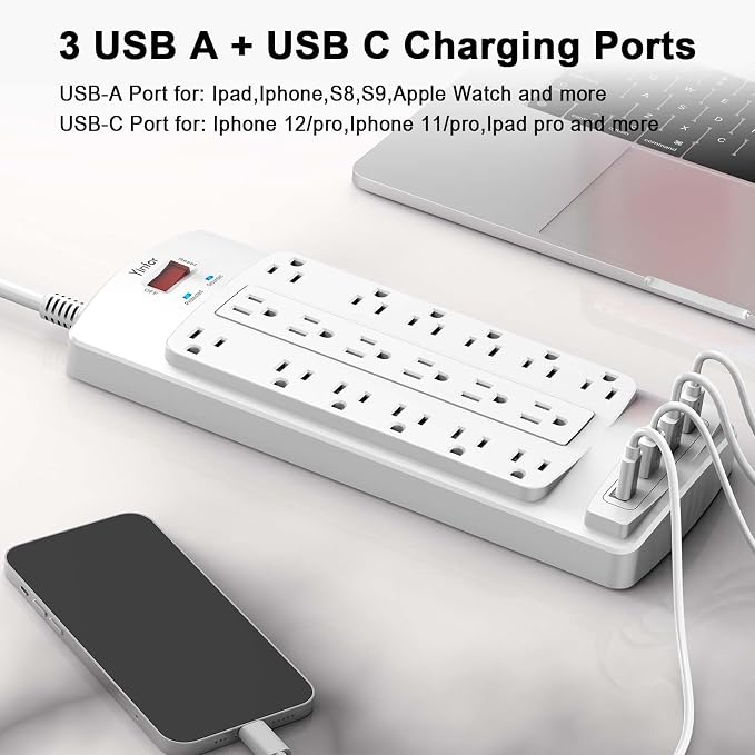 Surge Protector Power Strip, Yintar 6 Feet Flat Plug Heavy Duty Extension Cord with 18 Widely Outlets and 4 USB Ports, 2100 Joules, ETL Listed, White