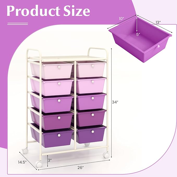 COSTWAY 10 Drawer Rolling Storage Cart, Utility Cart with Lockable Wheels | Mobile Art Supply Craft Organizer with Metal Frame, Multipurpose Drawer Cart for Paper for Office, School, Purple Gradient