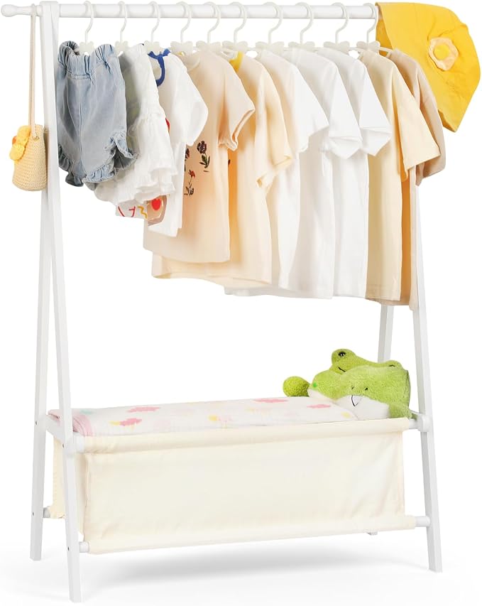 Kids Clothing Rack with Storage, Dress Up Rack, Child Clothes, Small Garment, for Costume, Bamboo (White)