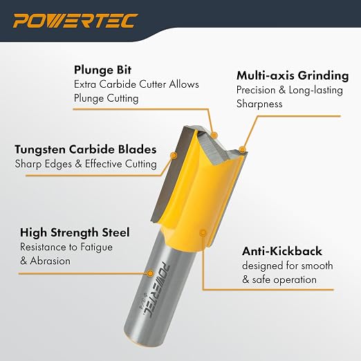 POWERTEC Tungsten Carbide Tipped Double Flute Straight Router Bit, 1/2" Shank, 3/4" Cutting Dia. 1-1/4" Cutting Length, Woodworking Router Bits for use on Router Table and Router Tool (73065)