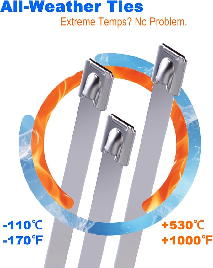 Metal Zip Ties (100PCS 11.8 Inch), 304 Stainless Steel, Heavy Duty Self-locking Cable Ties, for Exhaust Wrap, Chain Link Fence Parts, Heat Resistant Fencing Tie. for Pipe, Auto repair.