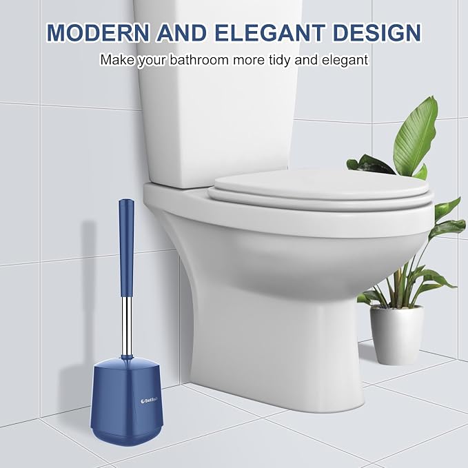 SetSail Toilet Brush and Holder, Self Closing Lid Toilet Bowl Brushes Holder and Extra Long Handle Ventilated Toilet Brush Set for Bathroom Cleaning, Nylon Bristles, Dark & Blue
