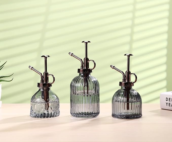 Glass Plant Mister - 6.5" Green Glass Water Spray Bottle with Gold Top Pump, Small Plant Sprayer for Indoor/Outdoor House Plants (Gray+Bronze)