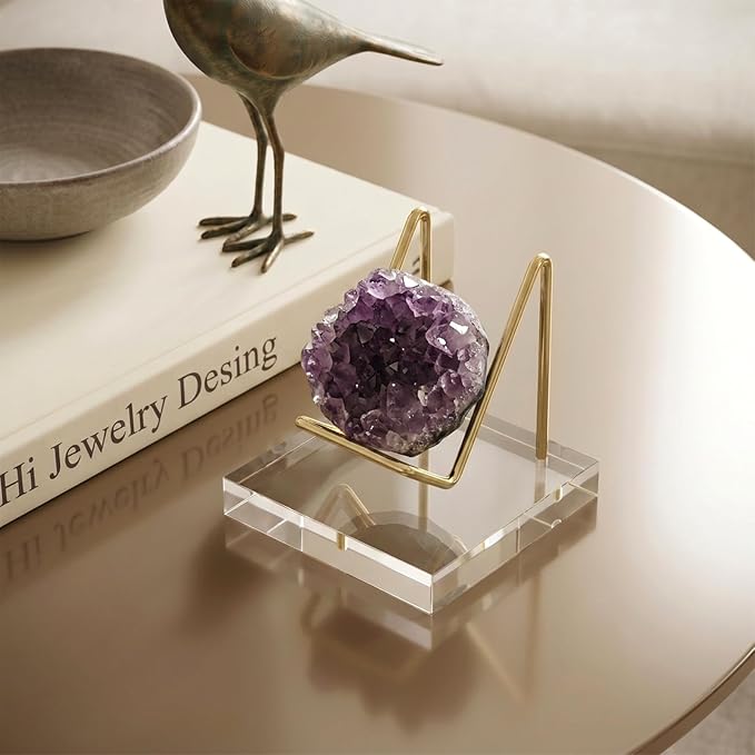 Skrfren Square Business Card Holder Metal Display Stand with Acrylic Base Business Card Holder Desk Rock Easel Stand for Fossil Coral Mineral Rocks Geodes Agate Collectibles