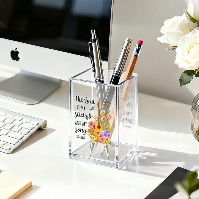 The Lord Is My Strength And My Song Pen Holder Makeup Organizer, Funny Guitar Scripture Christian Pencil Pen Holder for Desk, Exodus 15:2 Bible Verse Desk Accessories, Religious Gifts Pencil Cup