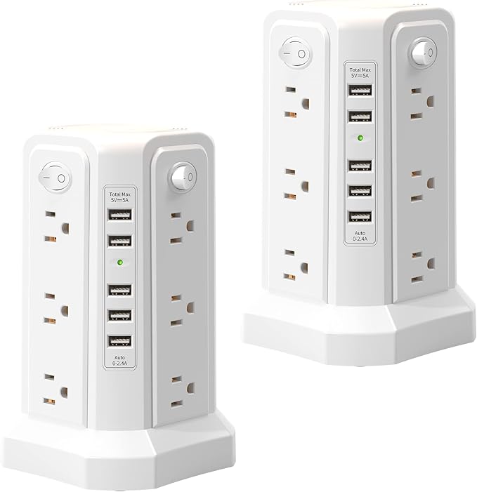 Surge Protector Power Strip Tower with 5 USB Ports and Night Light, 10FT Extension Cord with 12 AC Multiple Outlets, PASSUS Power Tower, Overload Protection for Home Office Dorm Room (2PC-White)