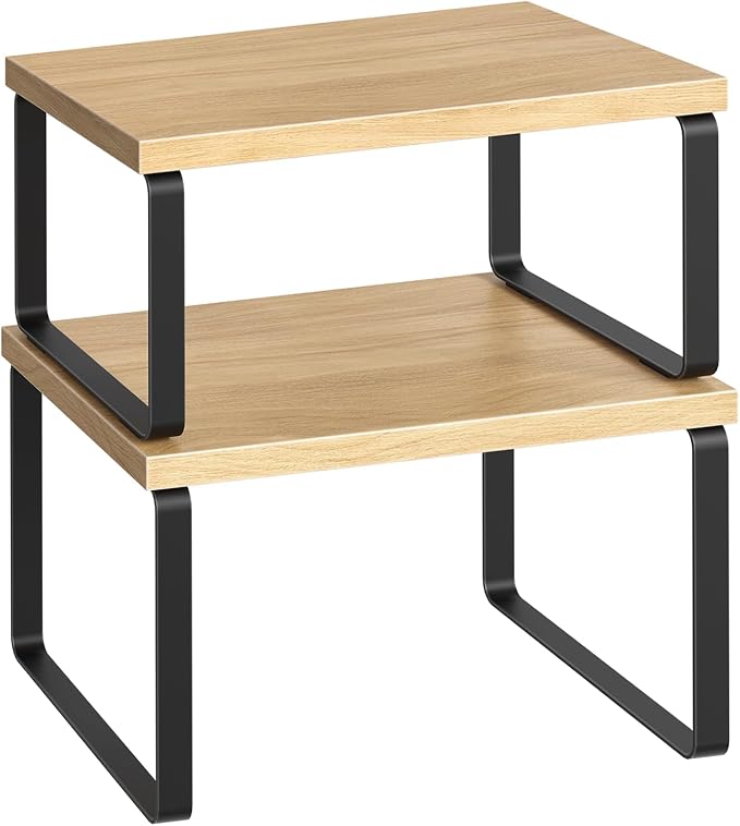HOOBRO Cabinet Organizer Shelf, Set of 2, Kitchen Countertop Organizer, Kitchen Countertop Shelf, Spice Rack for Counter, Stackable, Expandable for Cabinet, Kitchen, Natural and Black BN33TL01