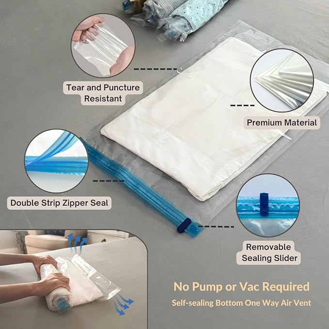 12 Pack Vacuum Storage Bags with Hand Pump, Compression Space Saver for Comforter, Bedding, Blanket Storage, Vacuum Seal Bags for Clothing, Travel Luggage Suitcase and Closet Organizer