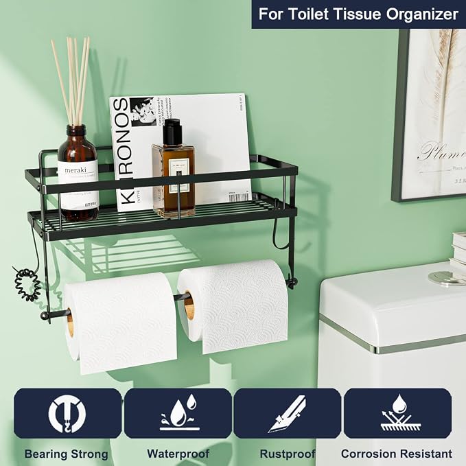 ESOW Paper Towel Holder Wall Mount with Shelf, Adhesive, Matte Black Metal | Stainless steel 2in1 holder shelf fits large rolls Strong adhesive holds 11 lbs For kitchen bathroom RV camper small spaces