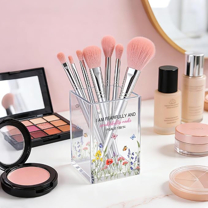 I Am Fearfully And Wonderfully Made Acrylic Pencil Pen Holder Cup, Psalm 139:14 Makeup Brush Storage Organizer, Cute Wildflowers Desk Accessories Holder, Graduation Gifts for Daughter Niece
