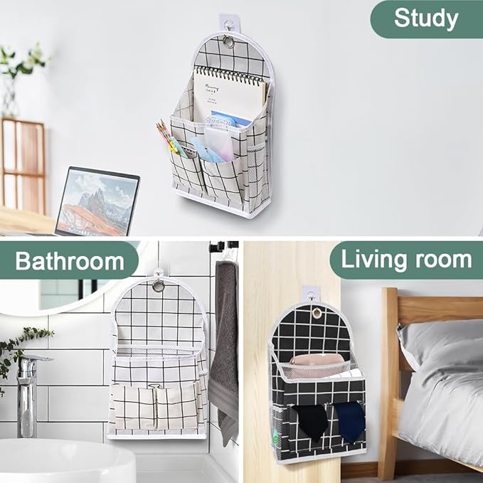 2 Pack Wall Hanging Storage Bag with Pocket, Fabric Organizer Basket with Sticky Hook, Over the Door Caddy Organizer Box for Closet Dormitory Bedroom Bathroom Kitchen (Black Plaid + White Plaid)