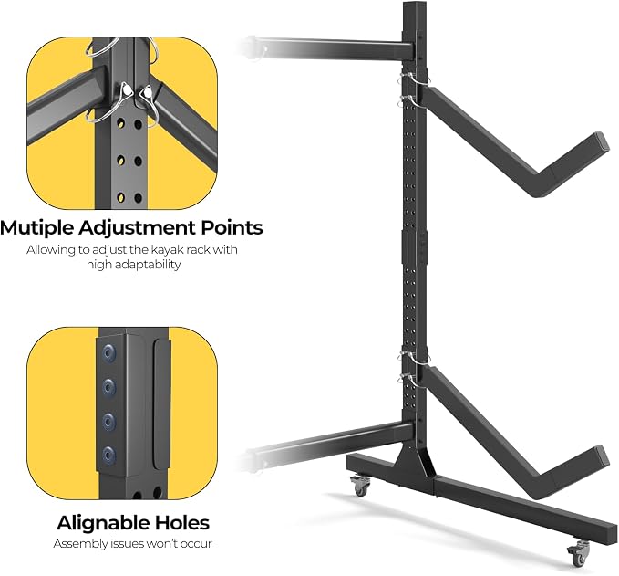 Freestanding Adjustable Kayak Storage Rack, 1 Side 2 Layers Kayak Bracket, Durable Kayak Rack with Lockable Wheels for Indoor, Outdoor, Garage, Shed, Dock