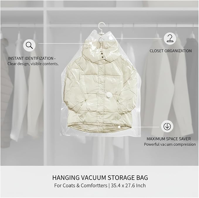 Clear Hanging Vacuum Storage Bag with Hook, Space Saver for Coats & Comforters, 35.4 x 27.6 Inch, Reusable Closet Organizer (1 Pack)