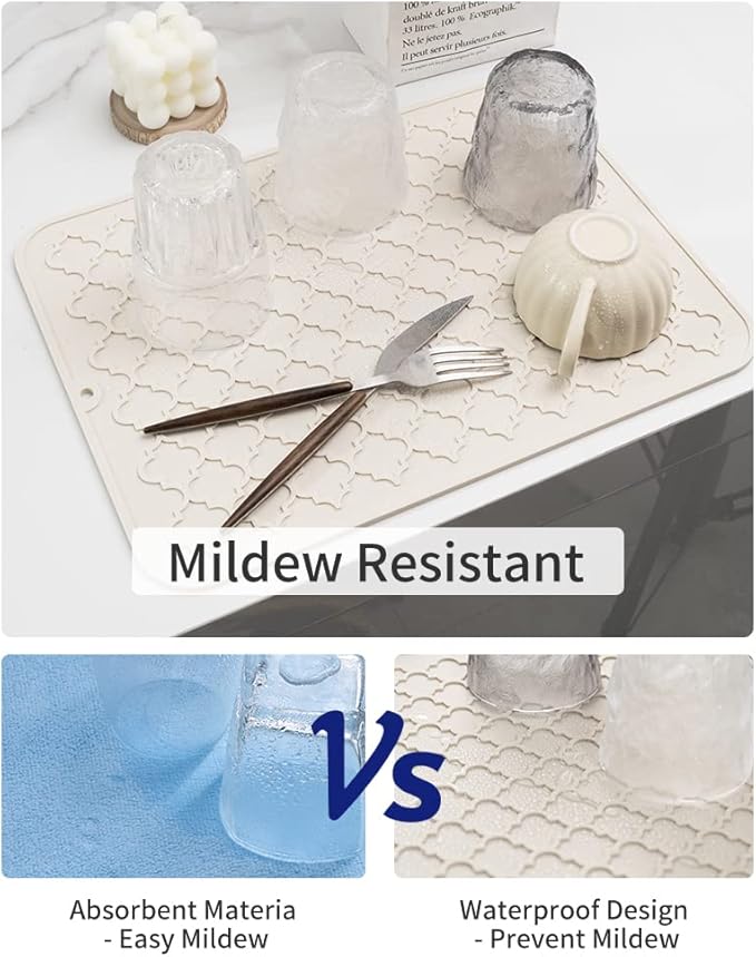 AMOAMI-Dish Drying Mats for Kitchen Counter-Silicone Dish Drying Mat-Kitchen Dish Drying Pad Heat Resistant Mat-Kitchen Gadgets Kitchen Accessories Kitchen Small Appliances(12" x 16", BEIGE)