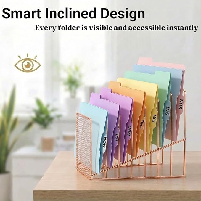 Simmer Stone 2 Pcs Incline File Sorter, 7 Slot Magazine Holder for Letter, Document, Folder and Book, Metal Desktop Organizer Rack for Home, School and Office (2-rose gold)