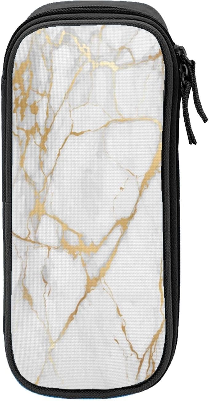 Perinsto Golden And White Marble Print Pencil Case Big Capacity Multi Compartment Stationery Box Pencil Pouch Holder Desk Organizer For School Office Home