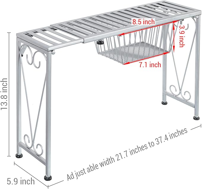 MyGift Silver Metal Over The Sink Organizer Shelf with Pull Out Drawer, Expandable Kitchen Caddy Rack, Bathroom Storage Shelf Riser with Scrollwork Design